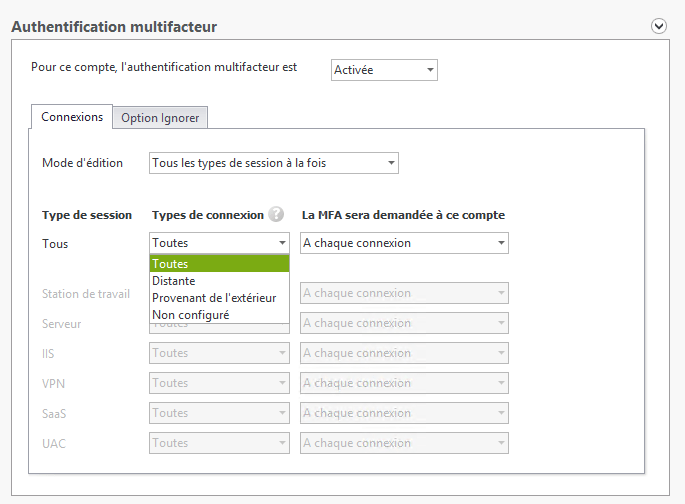 Connection type for each session